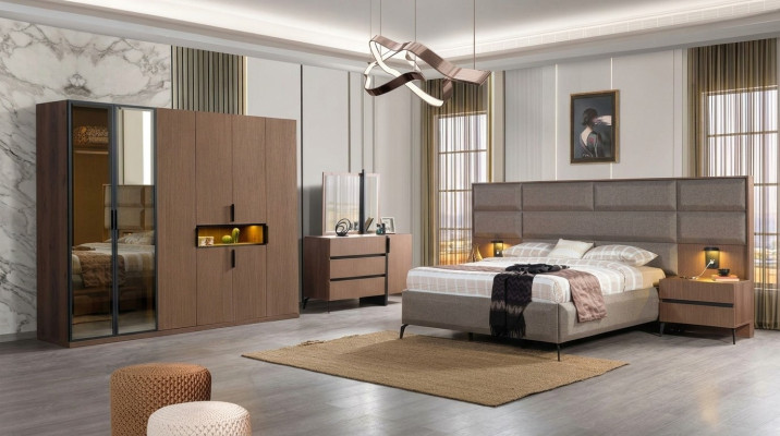 Chambre marron Mobilier en bois Textile Lit Tables de chevet Commode Armoire