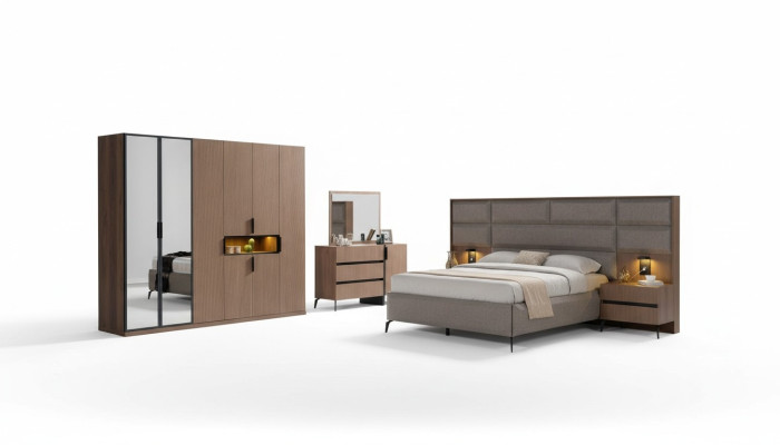 Chambre marron Mobilier en bois Textile Lit Tables de chevet Commode Armoire