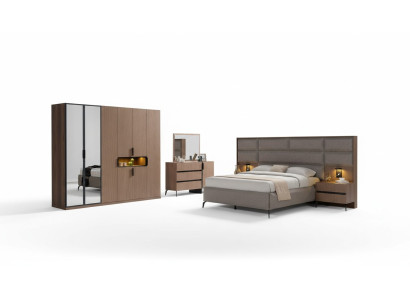 Chambre marron Mobilier en bois Textile Lit Tables de chevet Commode Armoire