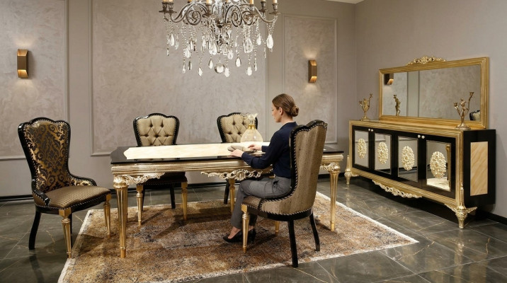 Ensemble de salle à manger Suite Salle à manger Ensemble de table à manger 7 pièces en bois noble marron de luxe.