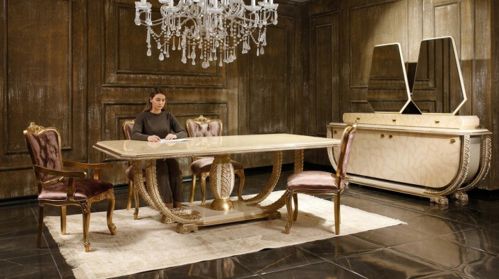 Ensemble de salle à manger classique: table à manger noble, 4 chaises, buffet, vaisselier - 8 pièces
