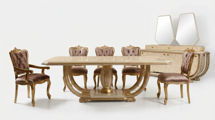 Ensemble de salle à manger classique: table à manger noble, 4 chaises, buffet, vaisselier - 8 pièces