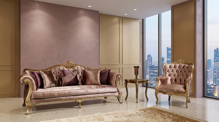 Ensemble canapé Chesterfield rose classique 3 places Table basse Fauteuil