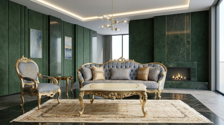 Sofas de salon gris classique Chesterfield canapés Trois fauteuils places