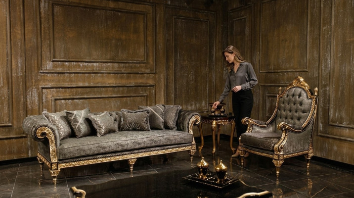 Ensemble de canapé gris classique 3+1 place Table basse de designer luxueuse