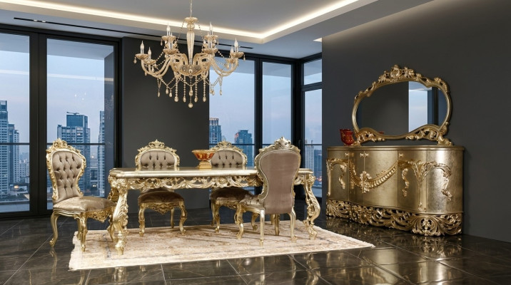 Ensemble de salle à manger classique Table à manger 4x chaises Buffet Miroir 8 pièces