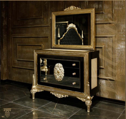 Ensemble de chambre noir Lit de luxe 2x Tables de chevet Commode Armoire