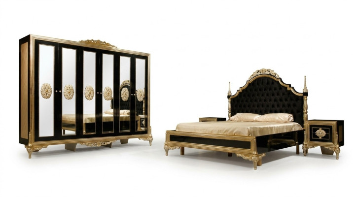 Ensemble de chambre noir Lit de luxe 2x Tables de chevet Commode Armoire