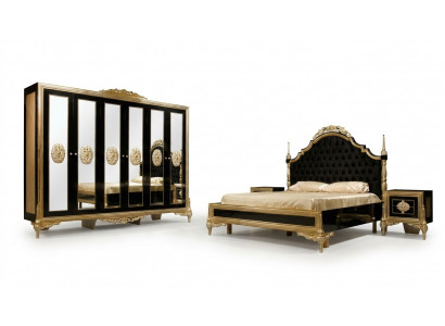 Ensemble de chambre noir Lit de luxe 2x Tables de chevet Commode Armoire