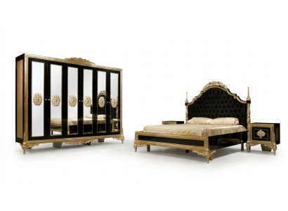 Ensemble de chambre noir Lit de luxe 2x Tables de chevet Commode Armoire