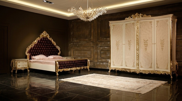 Ensemble de chambre classique lit double 2x tables de chevet commode armoire