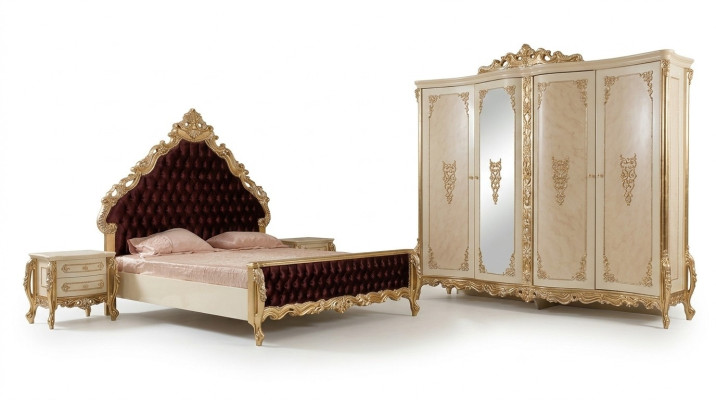 Ensemble de chambre classique lit double 2x tables de chevet commode armoire