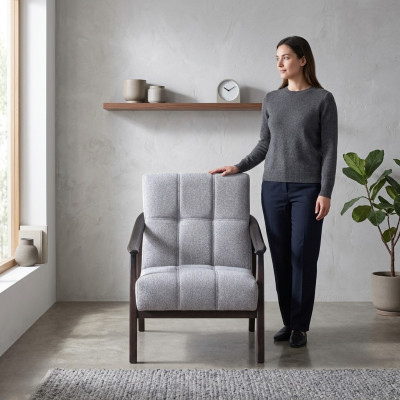 Designer Grey Armchair Salon Mobilier de Siège Luxueux Cadre en Bois Neuf