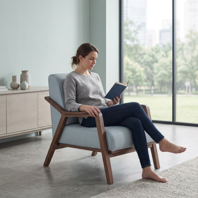 Blue he exclusive r Armchair Living room Armrests single seater wooden frame new = Bleu, fauteuil exclusif pour salon avec accoudoirs, siège individuel, cadre en bois neuf