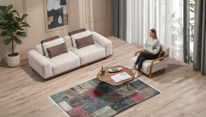 Ensemble de canapé de salon beige exclusif avec fauteuil en textile 2 places Rembourrage Mobilier