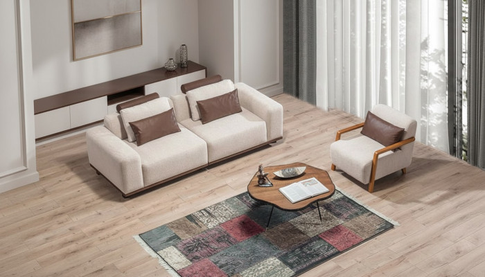Ensemble de canapé de salon beige exclusif avec fauteuil en textile 2 places Rembourrage Mobilier