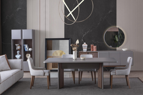 Le set de salle à manger se compose d'une table à manger, de 4 chaises et d'une enfilade avec miroir, 7 pièces.