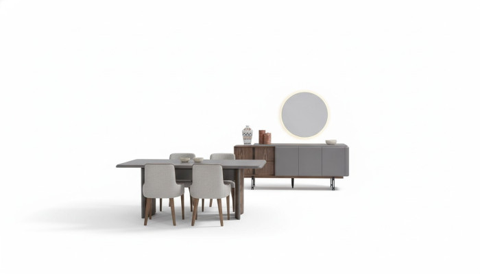 Le set de salle à manger se compose d'une table à manger, de 4 chaises et d'une enfilade avec miroir, 7 pièces.