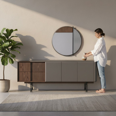 Ensemble de salle à manger exclusif composé de 2 pièces. Buffet et miroir en nouveauté