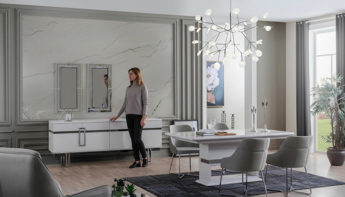 Ensemble de salle à manger design Table à manger + 4 chaises + Buffet avec 2 miroirs 8 pièces
