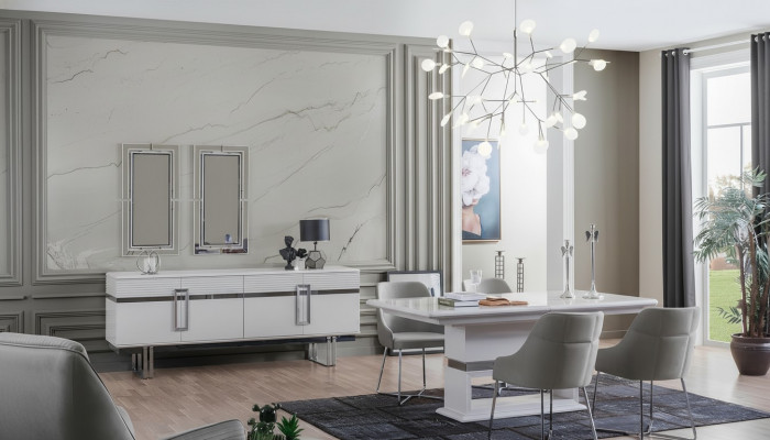 Ensemble de salle à manger design Table à manger + 4 chaises + Buffet avec 2 miroirs 8 pièces