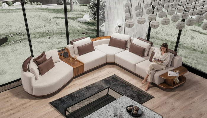 Canapé d'angle beige pour salon, canapé exclusif en forme de L, cadre en bois moderne