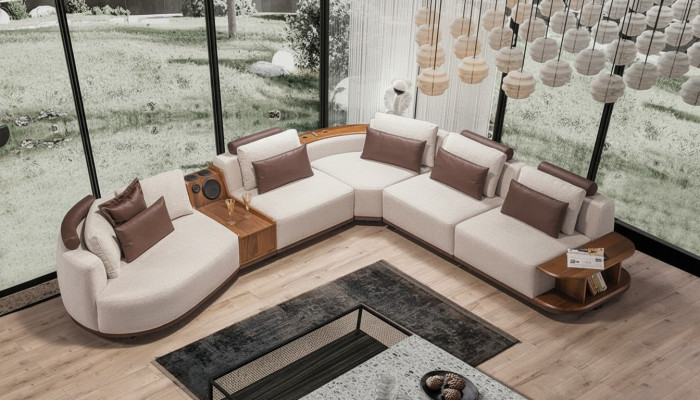 Canapé d'angle beige pour salon, canapé exclusif en forme de L, cadre en bois moderne