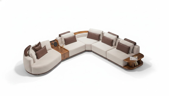 Canapé d'angle beige pour salon, canapé exclusif en forme de L, cadre en bois moderne