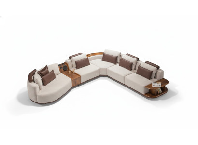 Canapé d'angle beige pour salon, canapé exclusif en forme de L, cadre en bois moderne