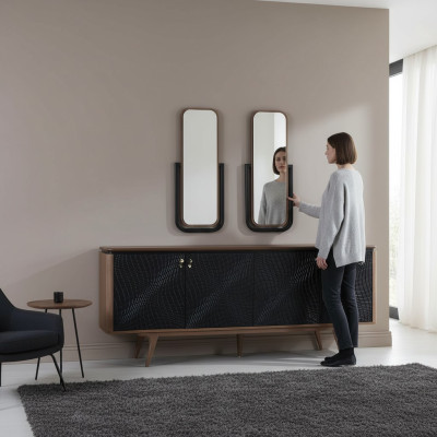 Ensemble de salle à manger exclusif composé de 3 pièces. Buffet moderne et 2 miroirs