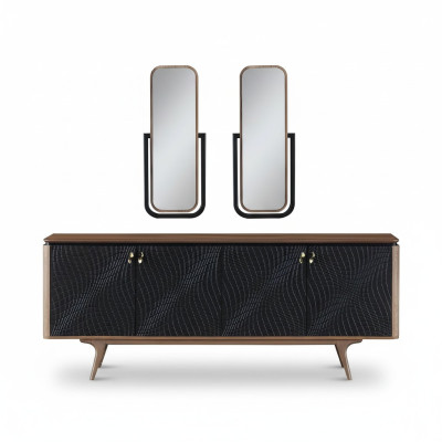 Ensemble de salle à manger exclusif composé de 3 pièces. Buffet moderne et 2 miroirs