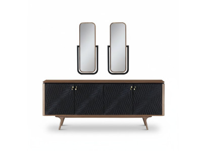 Ensemble de salle à manger exclusif composé de 3 pièces. Buffet moderne et 2 miroirs
