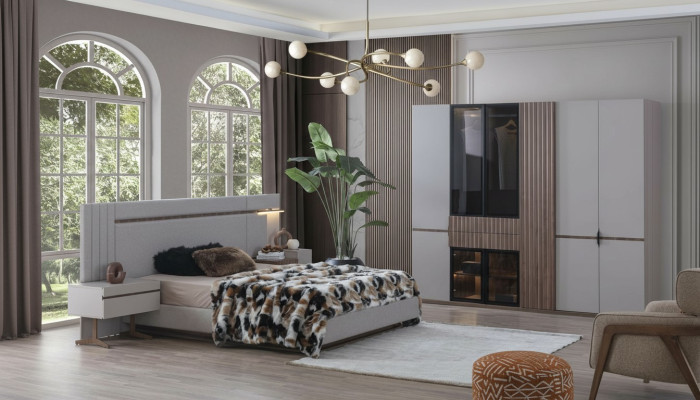 Ensemble de chambre à coucher de luxe Lit de design 2x Table de chevet Armoire 4 pièces neuf