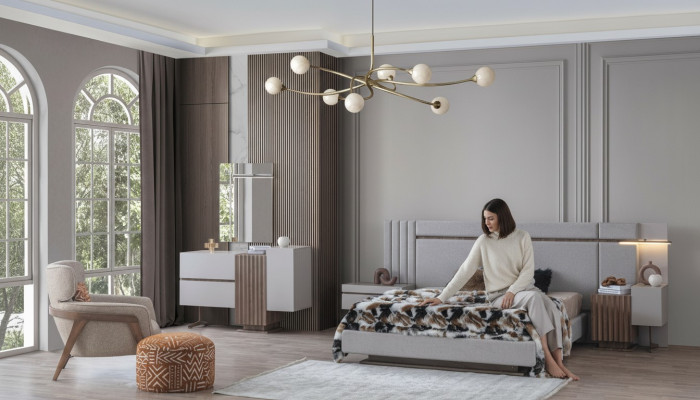 Ensemble de chambre de luxe avec lit complet + 2 tables de chevet, 3 pièces. Ensemble moderne neuf.