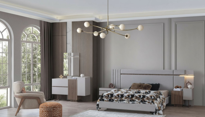 Ensemble de chambre de luxe avec lit complet + 2 tables de chevet, 3 pièces. Ensemble moderne neuf.