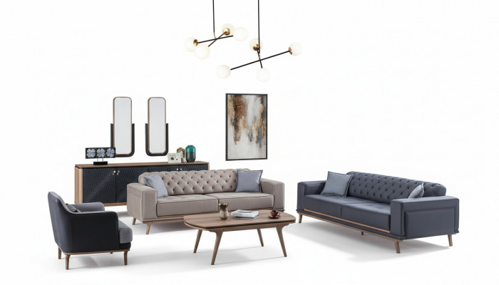Set de salon moderne de luxe 4 pièces. Fauteuil 4 places, table basse, meubles en bois.