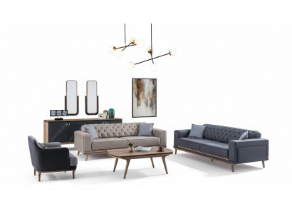 Set de salon moderne de luxe 4 pièces. Fauteuil 4 places, table basse, meubles en bois.