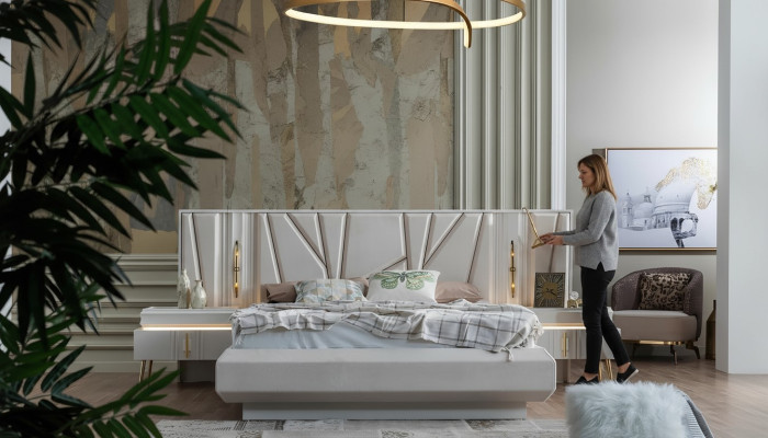 Ensemble de chambre à coucher complet de luxe avec lit + 2 tables de chevet, 3 pièces. Ensemble moderne