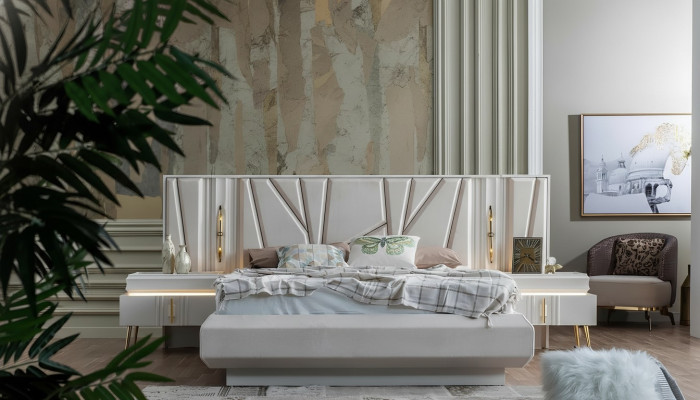 Ensemble de chambre à coucher complet de luxe avec lit + 2 tables de chevet, 3 pièces. Ensemble moderne