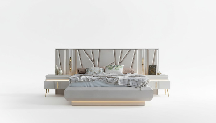 Ensemble de chambre à coucher complet de luxe avec lit + 2 tables de chevet, 3 pièces. Ensemble moderne