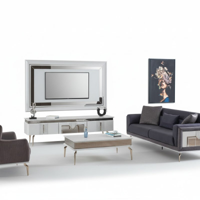 Ensemble de salon design 4 pièces. Canapé rembourré, meuble TV, table basse, tables