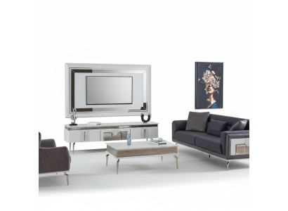 Ensemble de salon design 4 pièces. Canapé rembourré, meuble TV, table basse, tables
