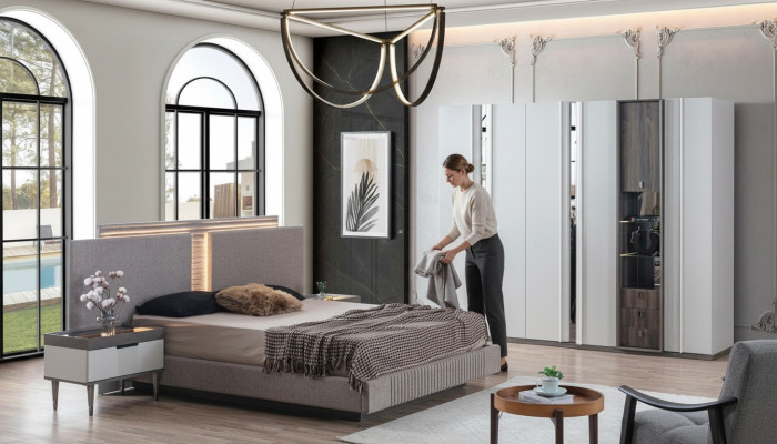 Ensemble de chambre à coucher Lit moderne 2x Table de chevet et Armoire 4 pièces neuves