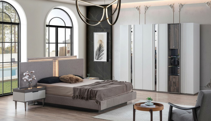 Ensemble de chambre à coucher Lit moderne 2x Table de chevet et Armoire 4 pièces neuves