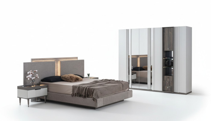 Ensemble de chambre à coucher Lit moderne 2x Table de chevet et Armoire 4 pièces neuves