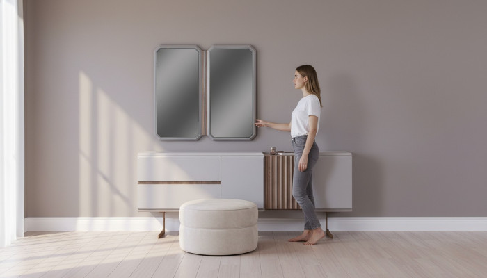 Buffet exclusif pour salle à manger 2x Commode avec miroir 210cm Style Bois 3 pièces