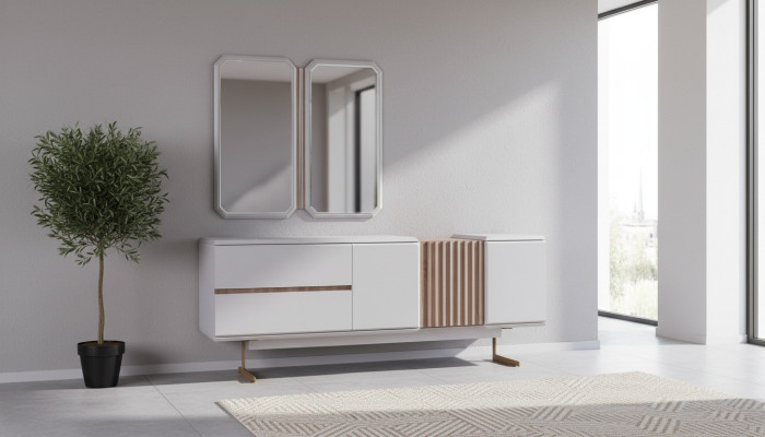 Buffet exclusif pour salle à manger 2x Commode avec miroir 210cm Style Bois 3 pièces