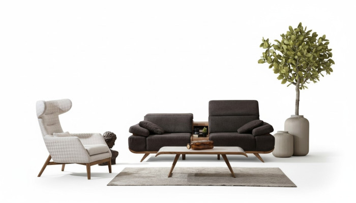Ensemble de sièges marron-blanc Trois places Luxueux Revêtement en tissu Fauteuil Ensemble de 2 pièces