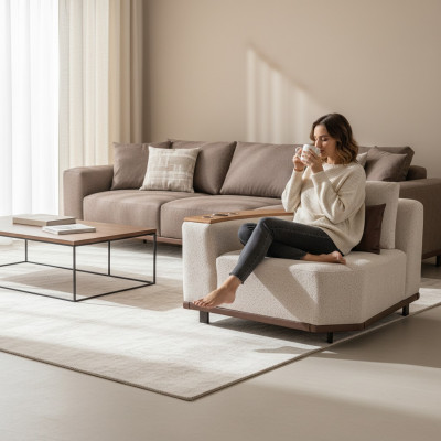 Canapé d'angle exclusif en beige en forme de L pour salon. Canapé rembourré neuf.
