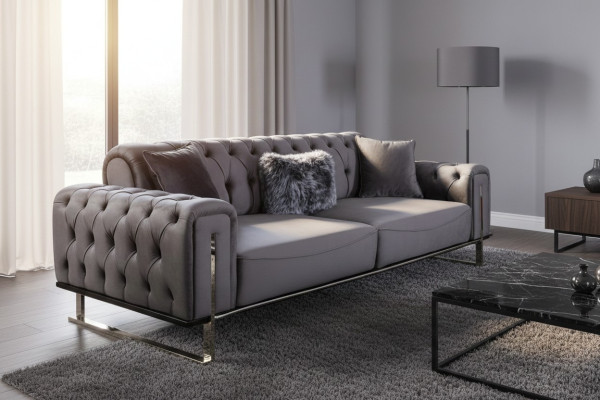 Canapé Chesterfield de luxe 3 places Canapé gris Tissu d'ameublement Canapés